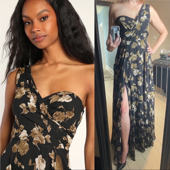 Black and Tan Floral Chiffon One-Shoulder Maxi Dress 🌿 - Picture 3 of 10